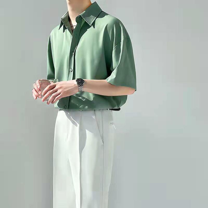 Silk Drooping Free Solid Color Versatile Shirt Dk Men's Trendy Handsome High-end Hong Kong Style Short-sleeved Handsome Shirt
