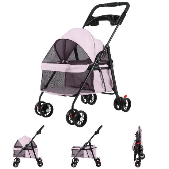 4 Wheels Folding Pet Stroller with Cup Holder, Breathable Mesh for Small Dogs and Cats, 7.5kg Capacity