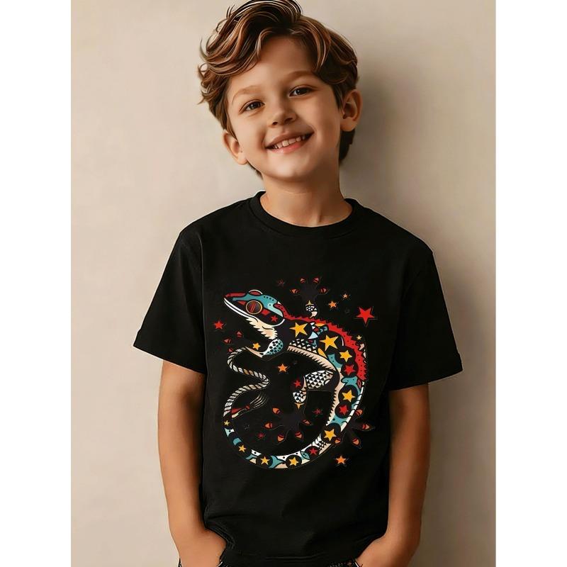 European sizes Stylized Colorful Gecko Lizard with Star And Triangle Patterns, T-Shirt for Boys And Girls, Casual Summer Short Sleeves