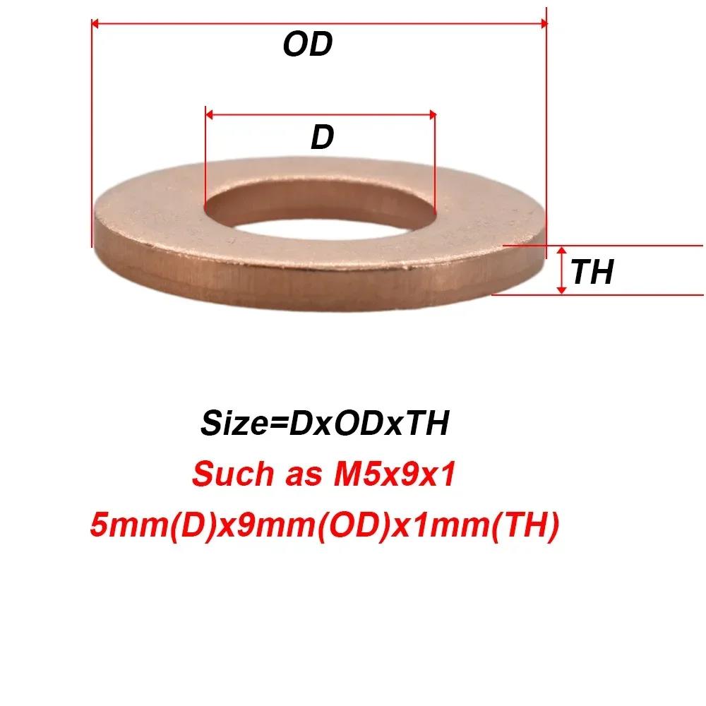 Solid Pure Copper Flat Washers Gasket Seal Ring M5 M6 M8 M10 M12 M14 M16 Metric Crush Washers For Sump Plug Oil Pipe Boat Repair Oil Drain Plugs 3