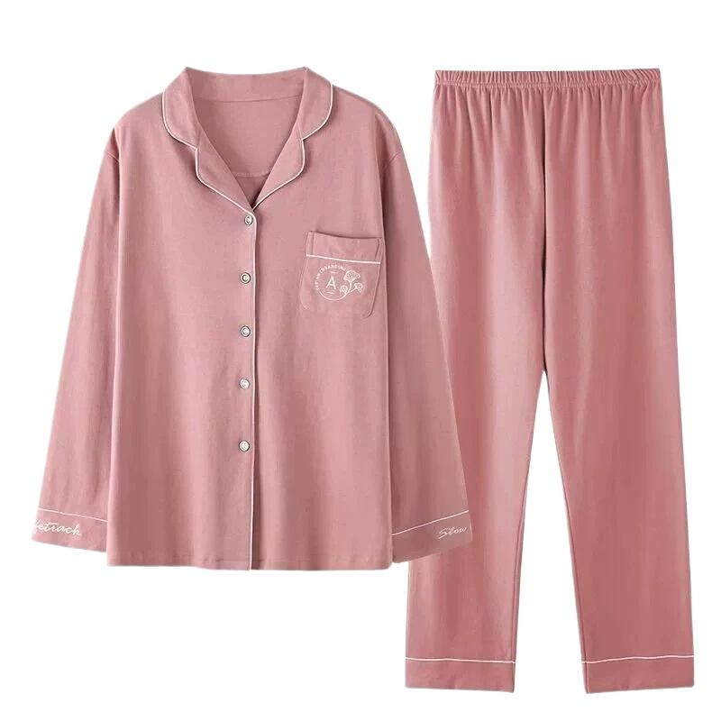 Pigiama in Cotone da Donna Primavera e Autunno Manica Lunga Indumento Esterno Servizio Casalingo Coreano Completo Camicia e Pantaloni a Manica Lunga