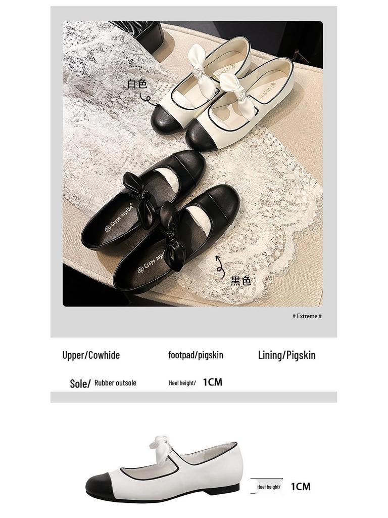 Cowhide 2025 Spring Bow Ballet Flats: Women's Genuine Leather Round Toe Mary Janes