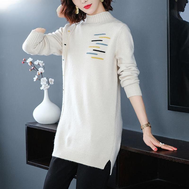 Strickwaren Damen Herbst und Winter Verdickter Mittellanger Pullover Damen Lockeres Halbrollkragen-Strickhemd