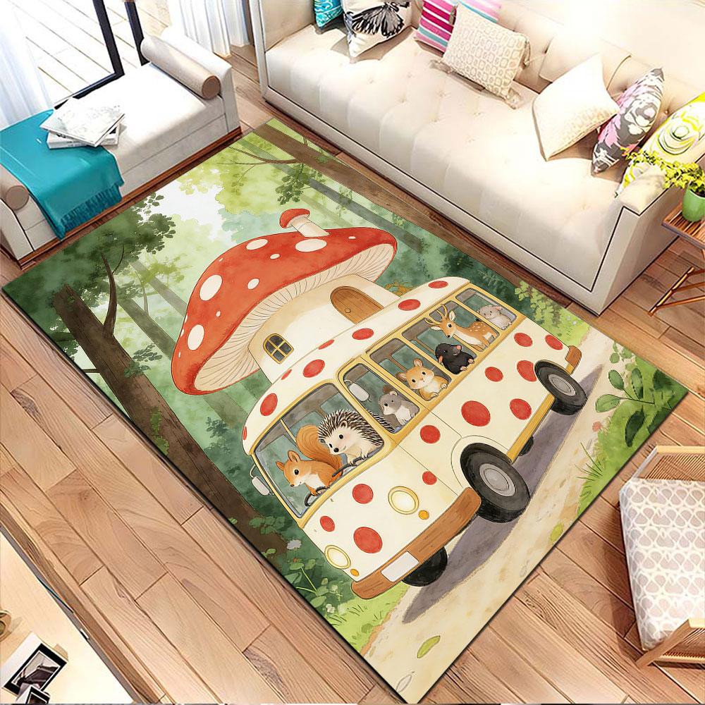 Woodland Animals in Mushroom Bus Patterned carpet, non slip mat suitable for living room and bedroom sofas