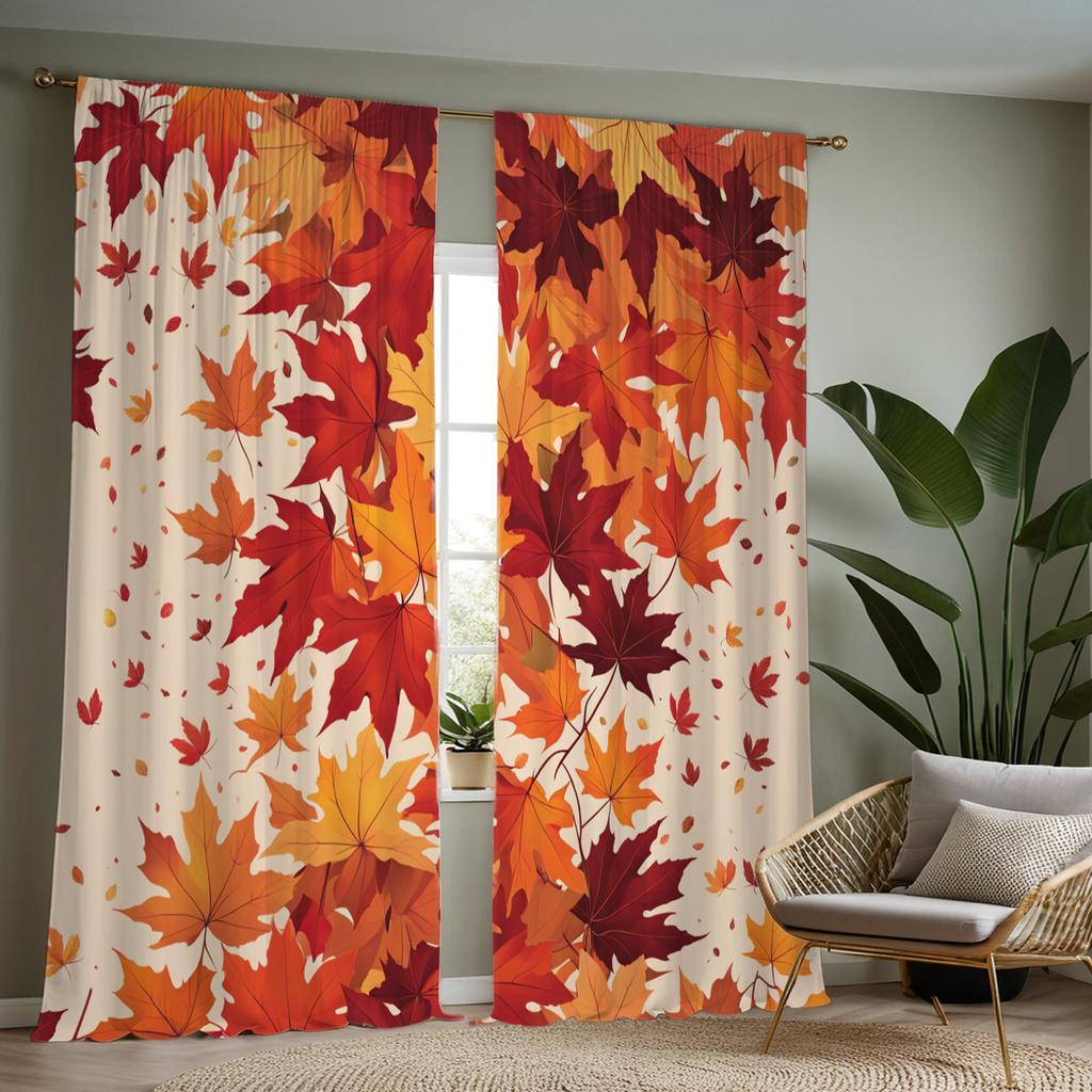 2pc Autumn maple leaf pattern curtains   polyester fabric   machine washable   suitable for bedroom and living room decoration