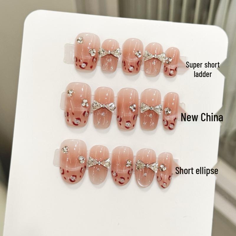 Leopard Print Heiress Cat Eye Bow False Nails - Sweet & Spicy Blush Design