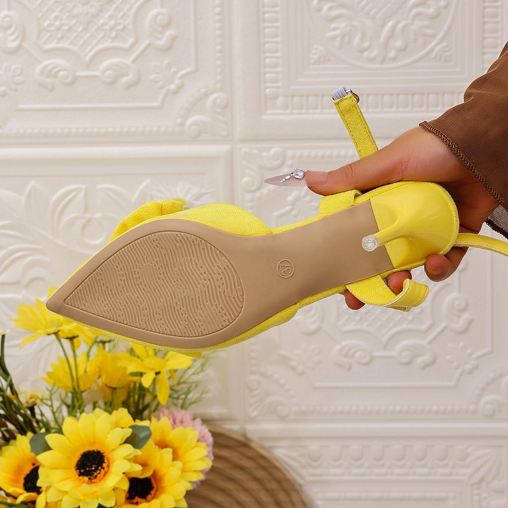 Fashion Bowtie Decor High Heel Sandals Women Fashion Yellow Flock Pointed Toe Dress Sandals Plus Size Ankle Buckle Thin Heeled Sandls