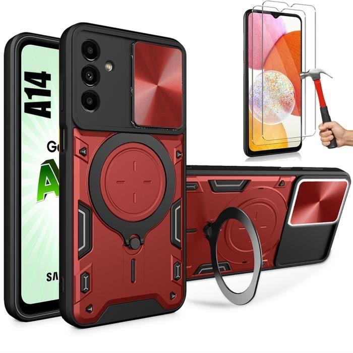 Coque pour Samsung Galaxy A14 4G-5G avec 2 Verres Trempés, Coque avec Cache Caméra et Anneau Support Rouge