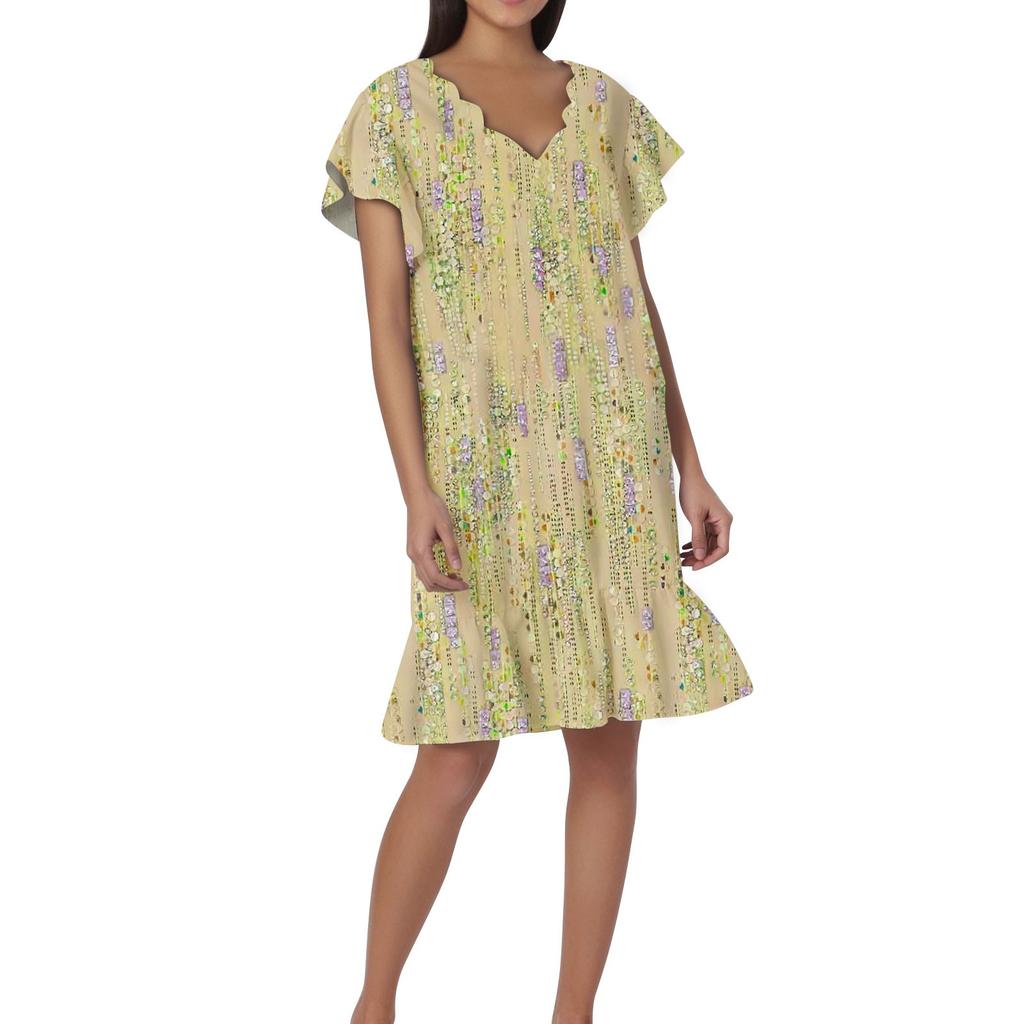 Women's Fashion Casual V Neck Wavy Edge Print Short Sleeve Dress