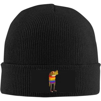 Black Knitted Beanie with Rainbow Frog Pride Style Winter Warm Hat for Unisex Women Funny Animal Print Skull Cap