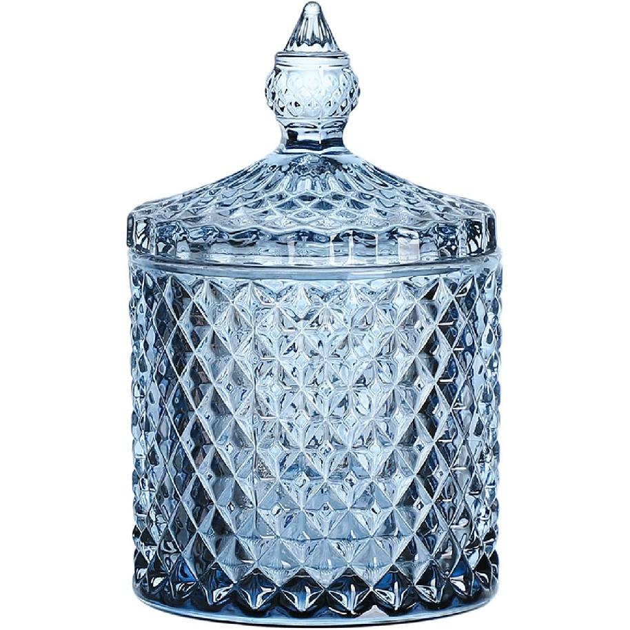 Sizikato Diamantfasetterad Kristallglas Godisskål med Lock, Blå Dekorativ Burk, Smyckeskrin, Bomullspinnshållare.