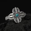 Vintage Cross Vajra Ring With Natural Turquoise Inlay Sterling Adjustable Unisex Jewelry
