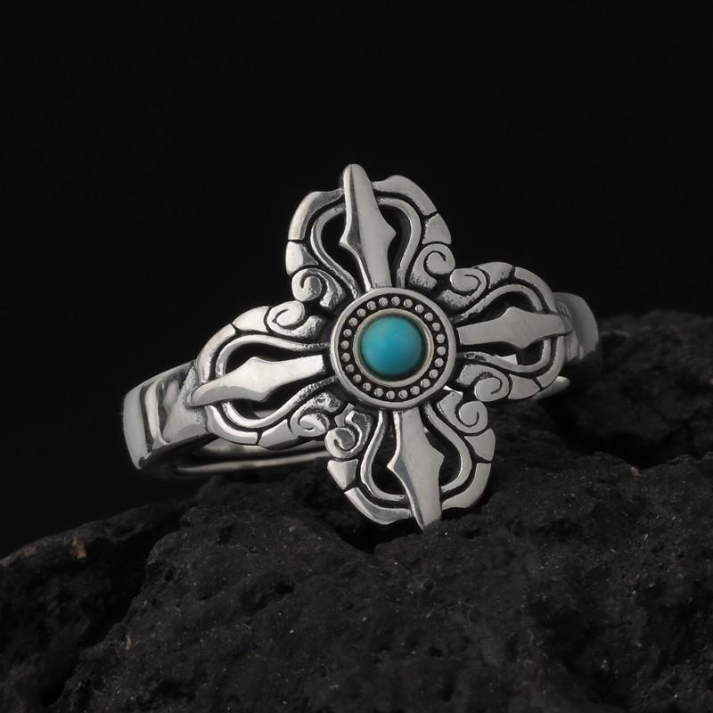 Vintage Cross Vajra Ring With Natural Turquoise Inlay Sterling Adjustable Unisex Jewelry