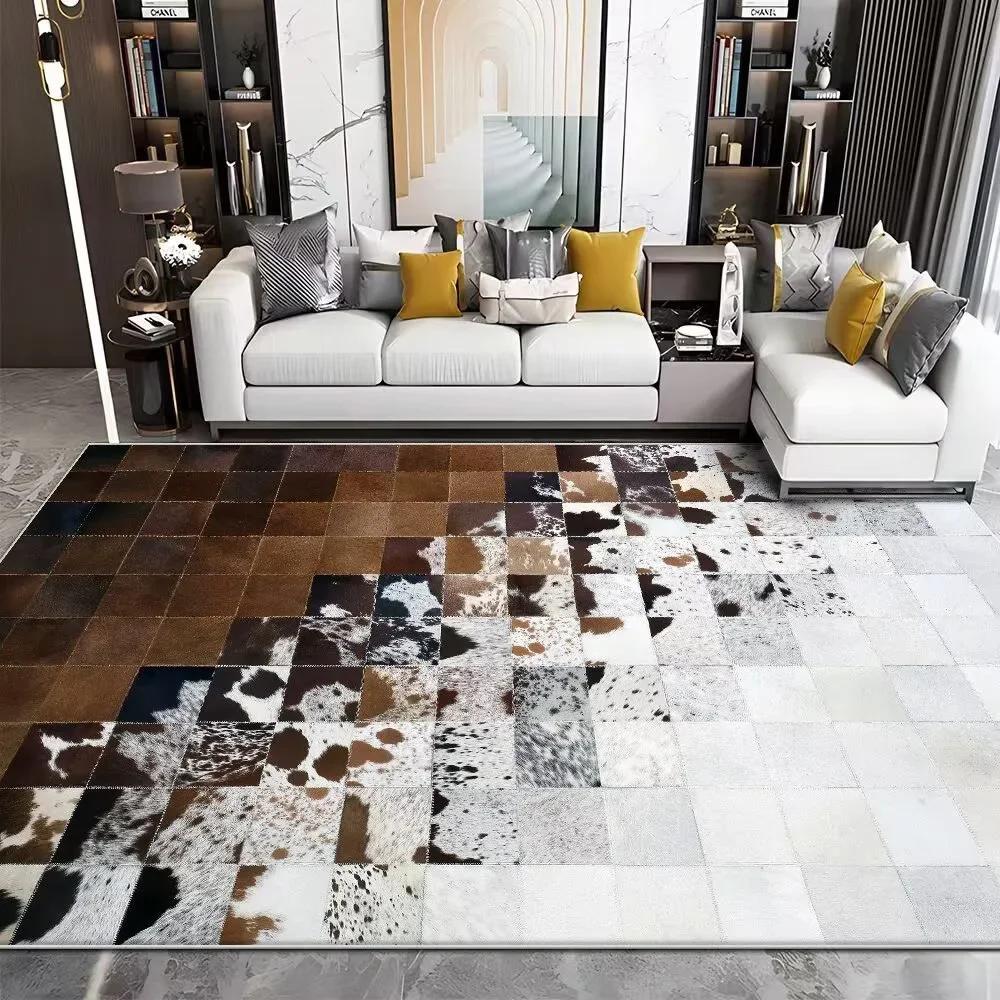 Modern Imitation Cowhide Luxury Living Room Carpet Sofa Area Rugs Bedroom Large Decorative Rug Washable Porch Anti-Slip Mat