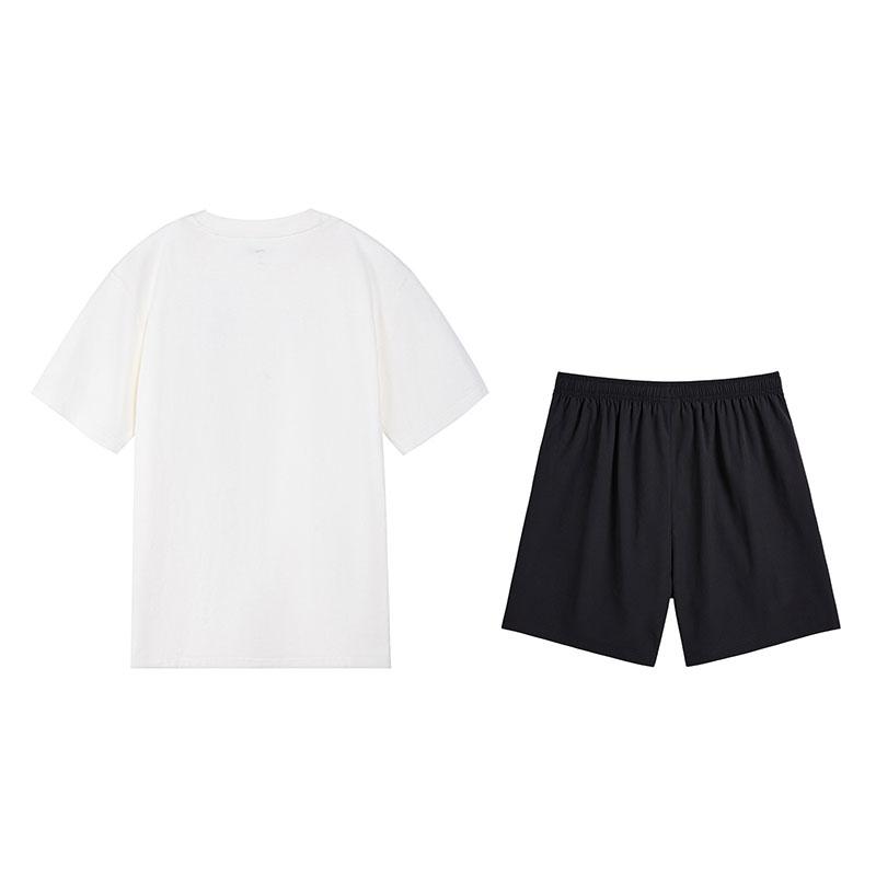 Li-Ning Fashion Short Sleeve Cultural Shirt T-Shirt Comfortable Breathable Shorts Sports Suit Men Suit Off-White Black W867-1+V157-1