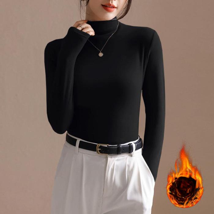 Autumn and Winter Sheepskin Semi High Neck Warm Long Sleeved SweaterWomen's Slim Fit Waist Cinching and Plush Thickened Base Shirt