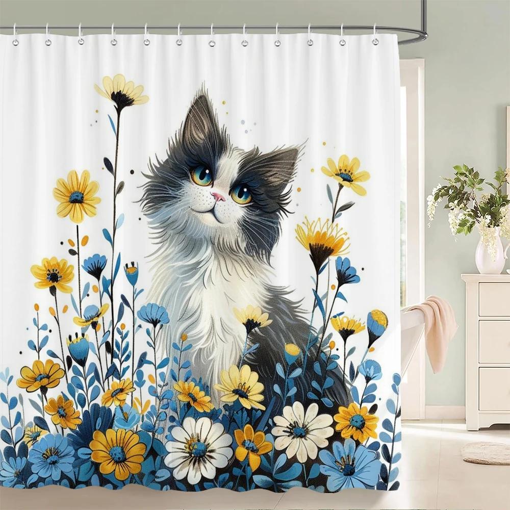 1 pcs Bear, panda, cat, animal printed shower curtain bathroom partition bathroom curtain with hooks home decorative curtain