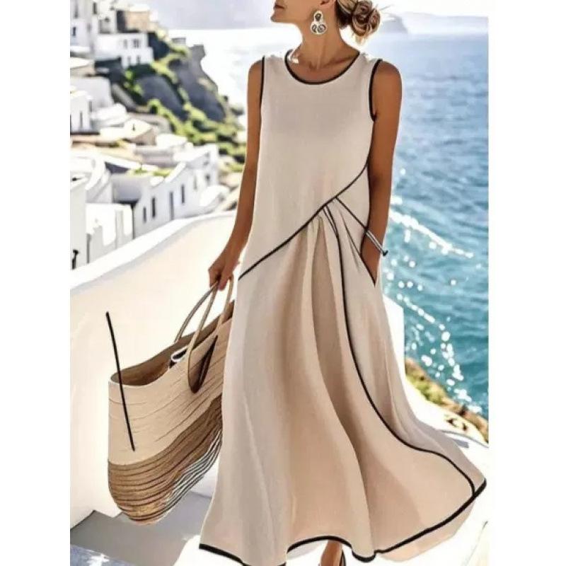 

European and American vacation round neck comfortable sleeveless contrasting color loose and thin splicing dress vest long skirt S абрикосовый