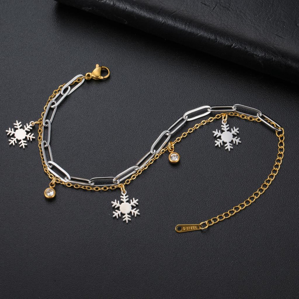 Crystal Snowflake Charms Bracelet for Women Stainless Steel Gold Plated Paperclip Chain Birthday Winter Couple Jewelry Gift