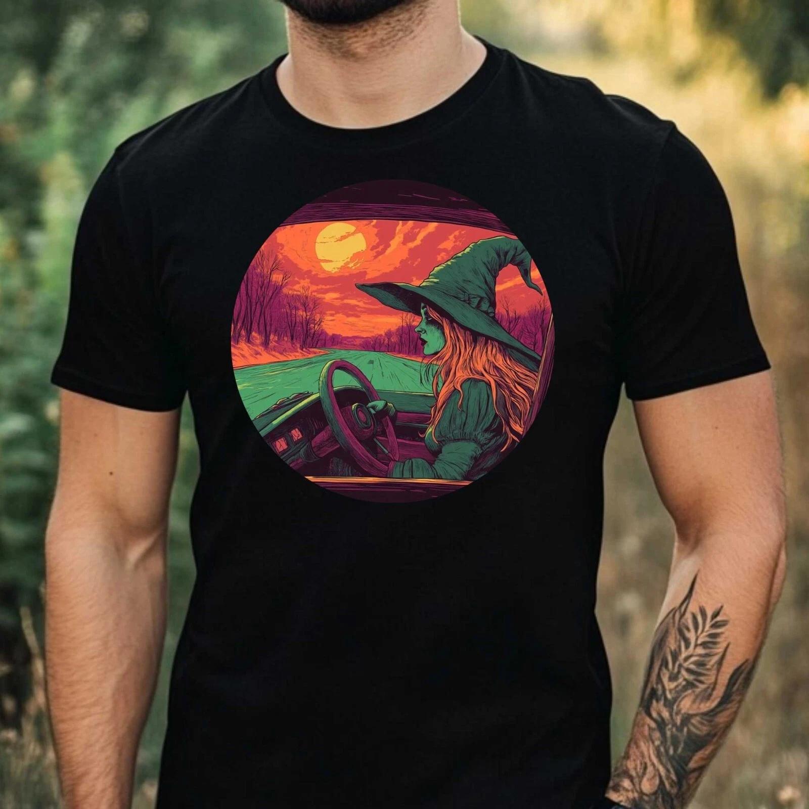 T-Shirt Herren Hexe fährt Auto Motiv Baumwolle Größe XS bis 5XL XXXL