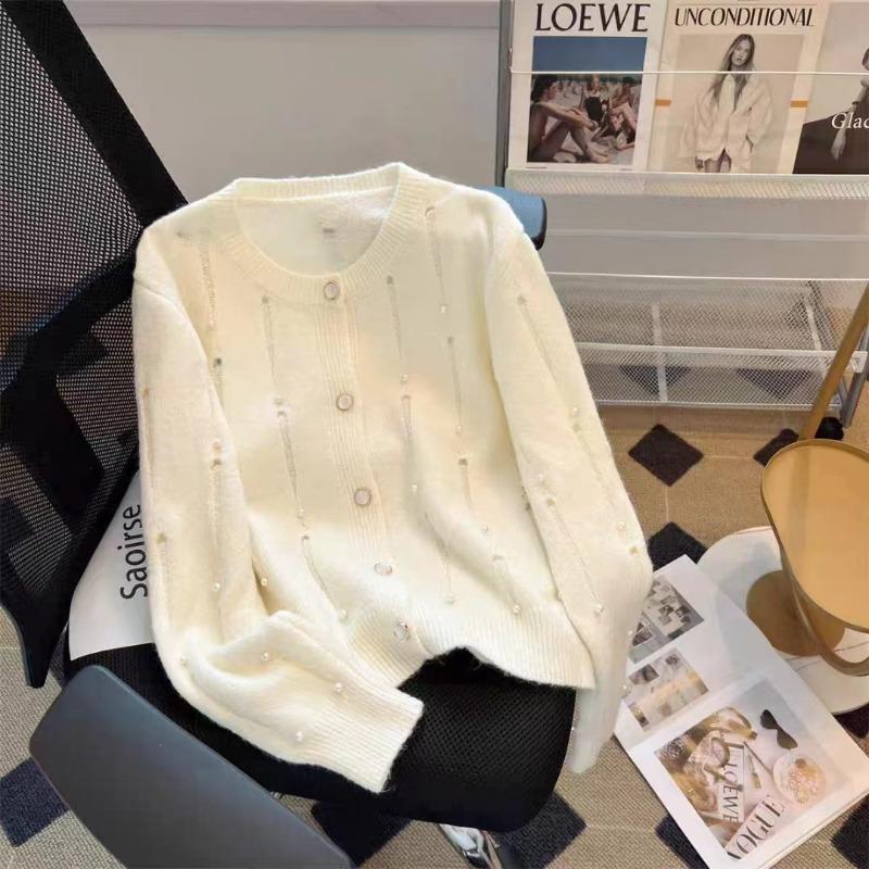 

Autumn and winter new heavy industry beads high-end sweet knitted cardigan age-reducing casual jacket women s sweater One size белый