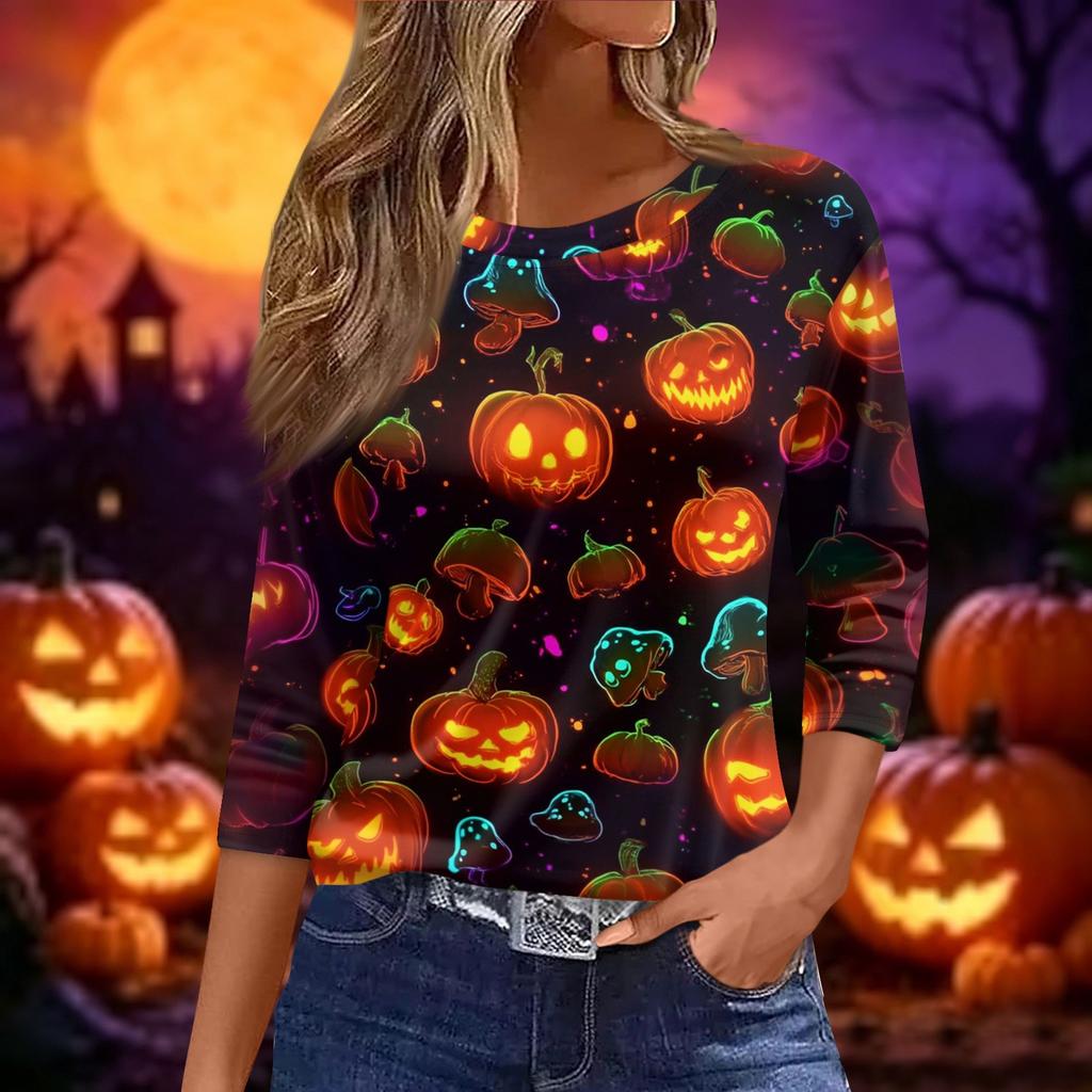 Women's Halloween Print Casual Loose Fit Round Neck Three Quarter Sleeve Shirt Lightweight Comfortable Top for Fall Season