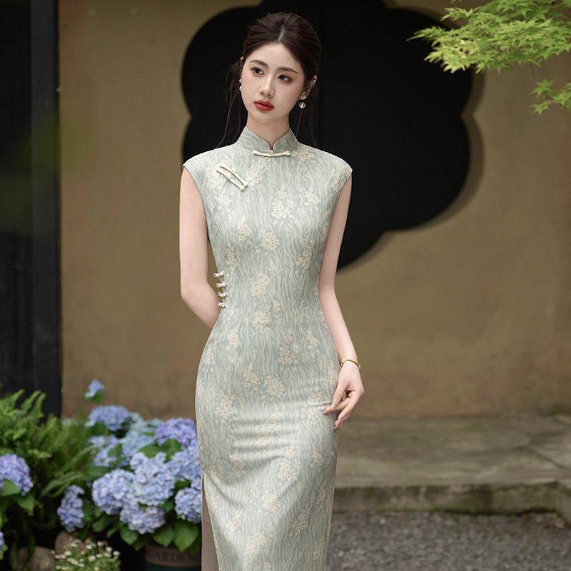 Green sleeveless national style new Chinese Suzhou long cheongsam improved young 1011 new women's high sense summer