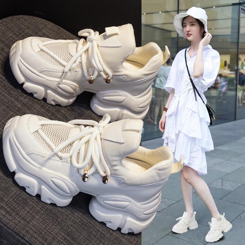 Genuine Leather Women's Dad Shoes 2024 - 8CM Height Boost, Versatile College Style, Trendy Spring/Summer Sport Design