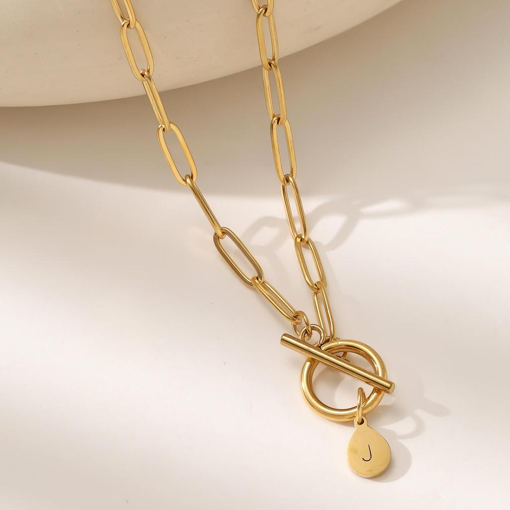 26-Letter Round Pendant Necklace for Women - Stainless Steel Paperclip Chain