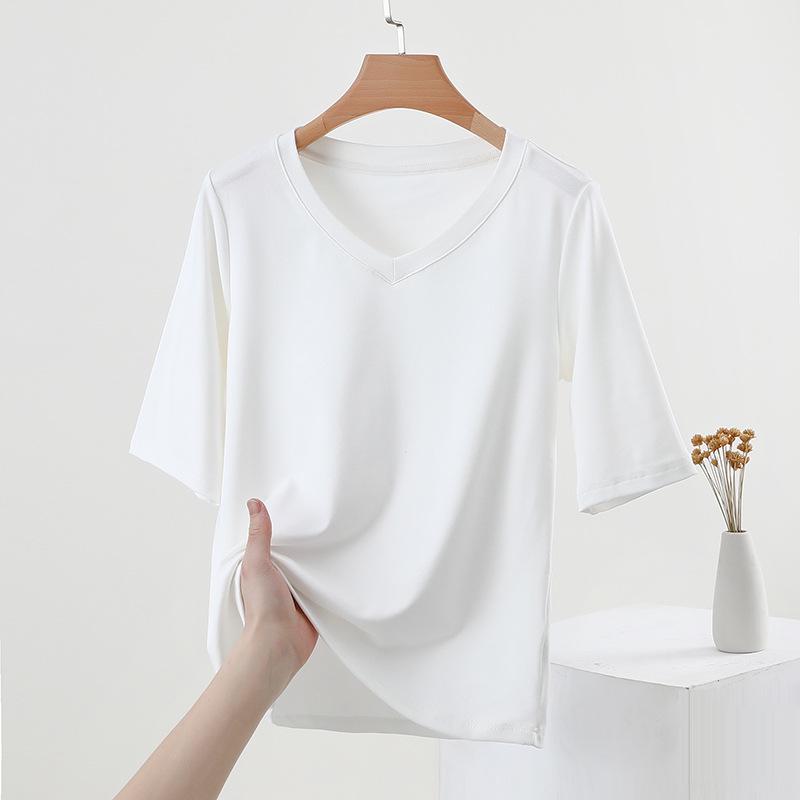 Women's V-Neck Mid-Sleeve Cotton T-Shirt - 2025 Spring/Summer Collection, Fitted Waist, Solid Color