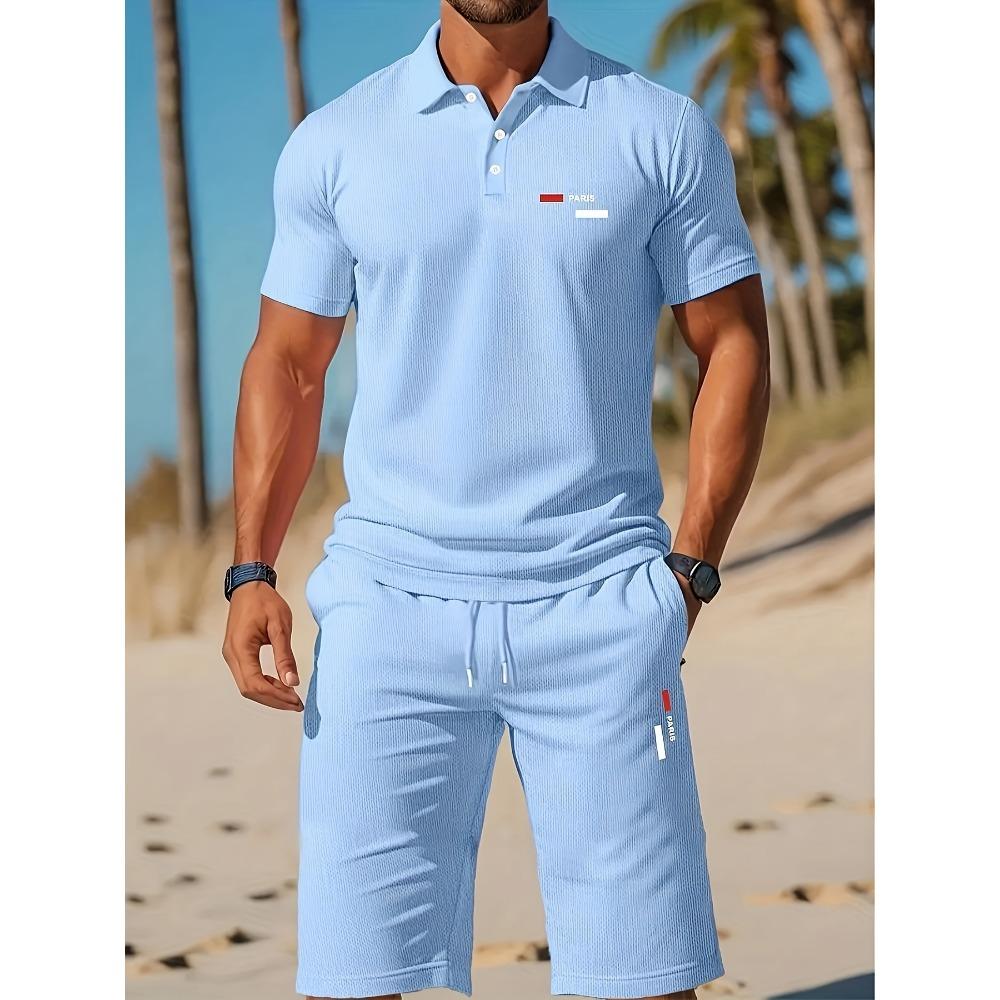 

Men Fashion Letter Print Solid Color Short Sleeve Polo Shirt with Drawstring Shorts Summer Business Casual T-shirt Shorts M