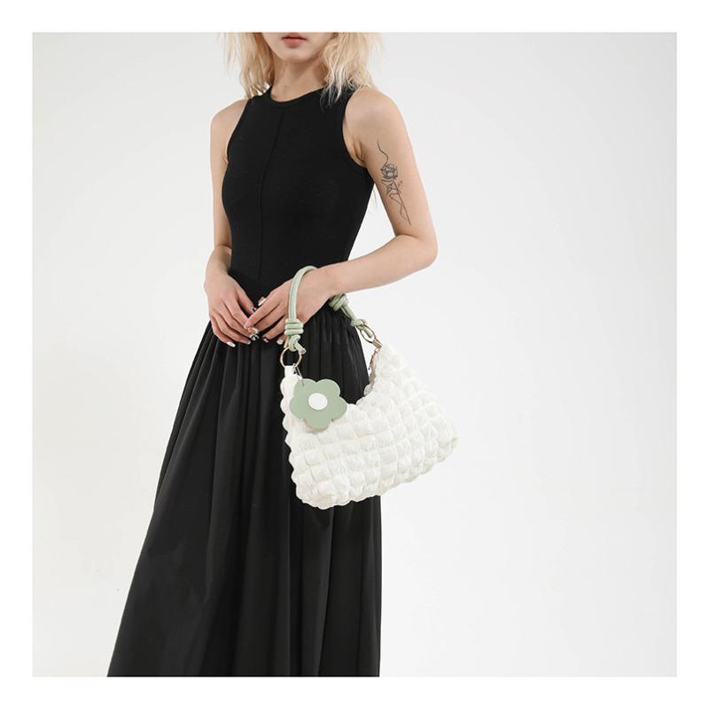 Women's Bubble Texture Round Cylinder Bag, Korean Style Floral Shoulder Handbag, Soft Lunch Tote with Zipper Closure