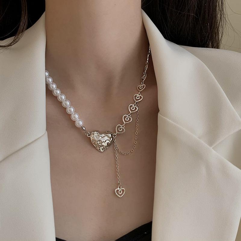 New Niche Design Sense Splicing Pearl Necklace Ins Wind Love Pendant Collarbone Chain New Trendy