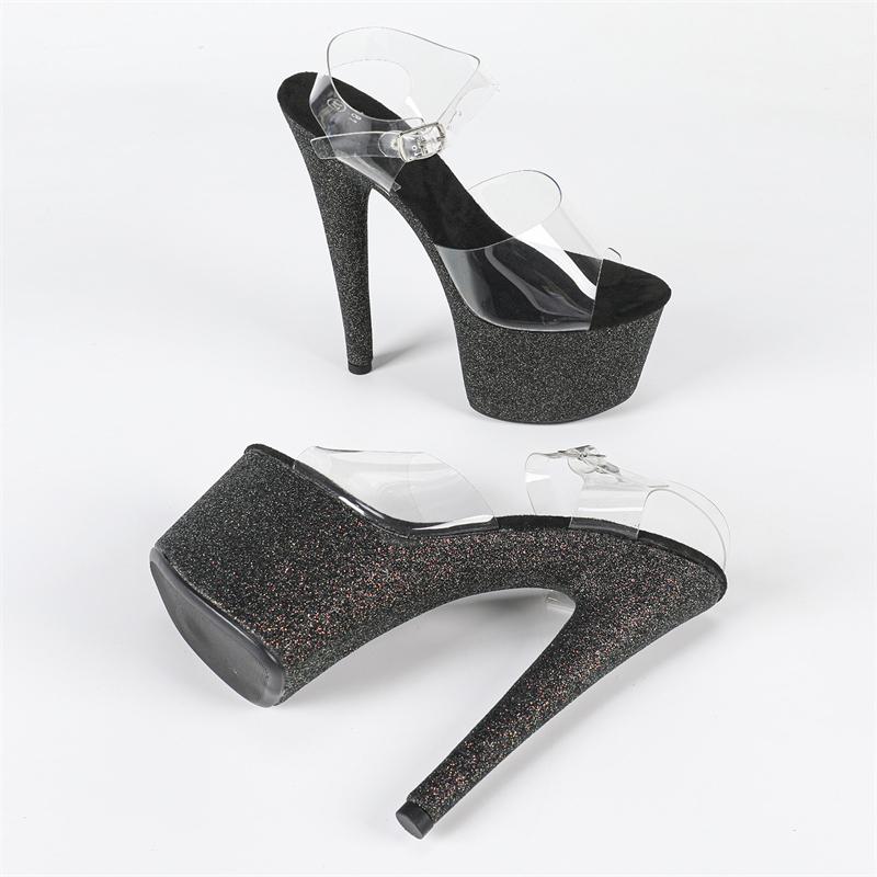 Eilyken Street Style Sequin Cloth PVC Transparent Buckle Strap Women Sandals Sexy Stiletto High Heels Stripper Prom Shoes