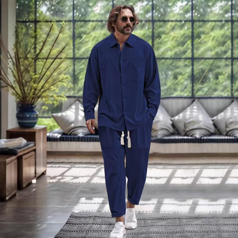 Herr Vår/Höst Bomull Linne Casual Tvådelat Set: Skjorta & Långbyxor.