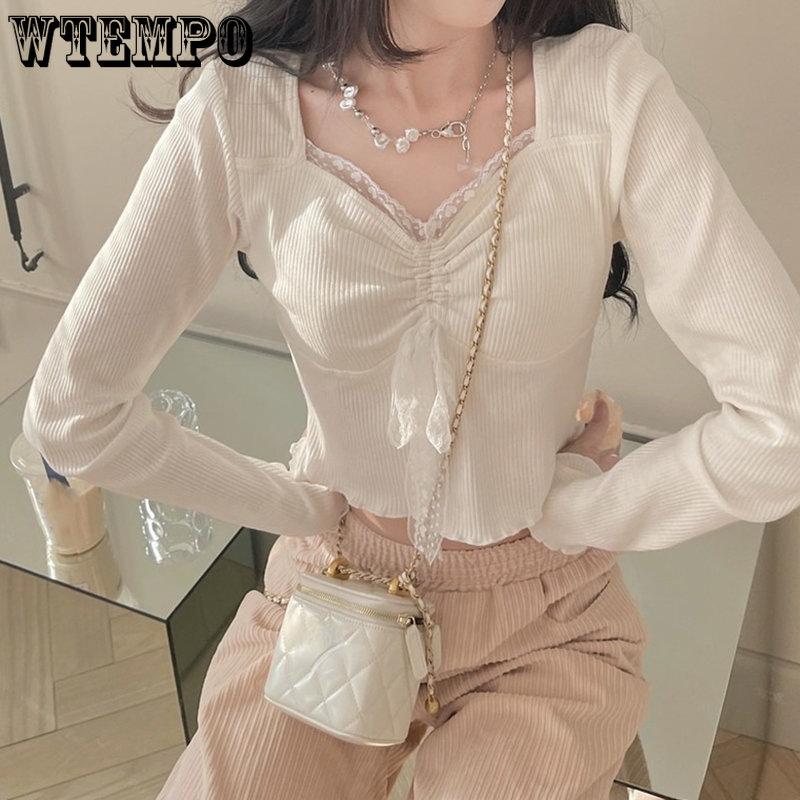 White Kawaii Lolita Female Blouse Lace Japanese Sweet Long Slevee Tops Women Knitted Casual Korean Casual Slim Tops