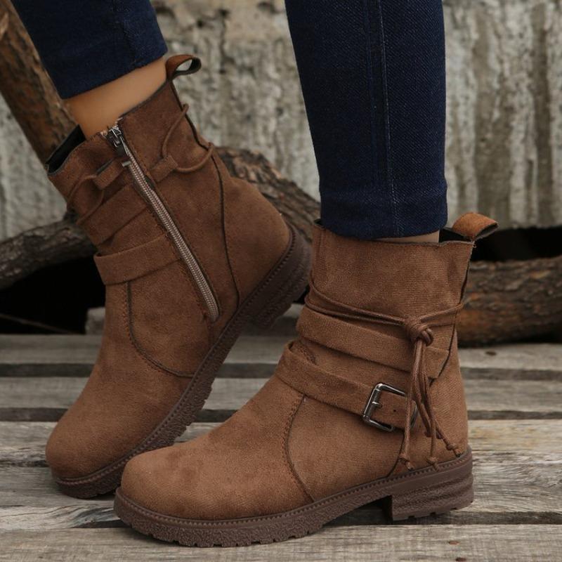 Foreign Trade Large Size Buckle Belt Square Heel Round Head Fashion Boots Autumn and Winter New Side Zipper Medium Tube Women's Boots Spot