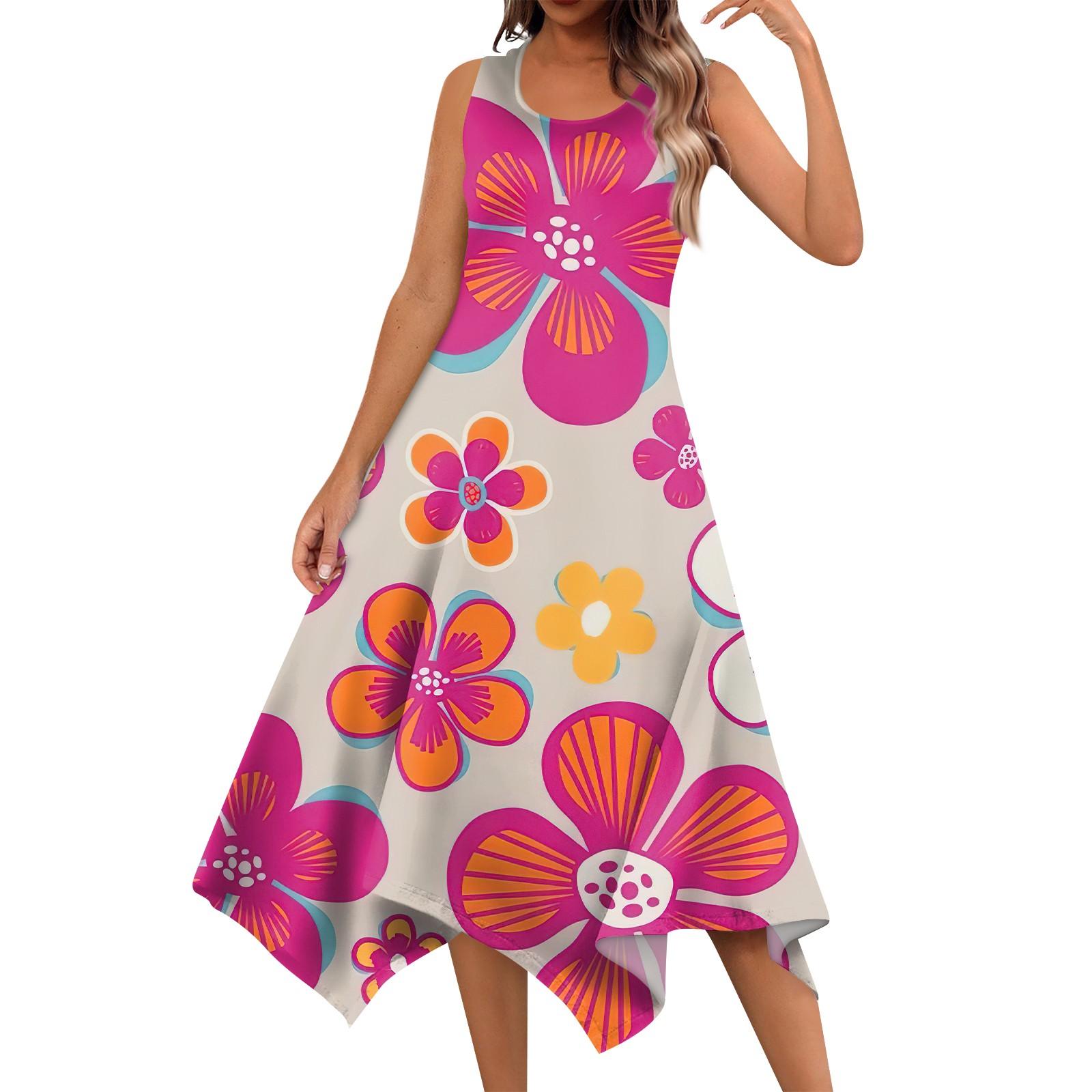 

Женское повседневное модное платье миди без рукавов с круглым вырезом и цветочным принтом, нерегулярный подол XXL