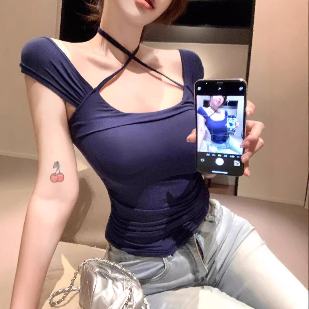 

2025 Summer Sexy Off-Shoulder Halter T-Shirt Large темно-синього кольору