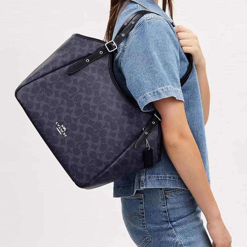 COACH Canvas With Leather Tote Bag, Shopping Bag, Handbag, Shoulder Bag Large Women's Midnight Marine Blue CM076-SVN2V