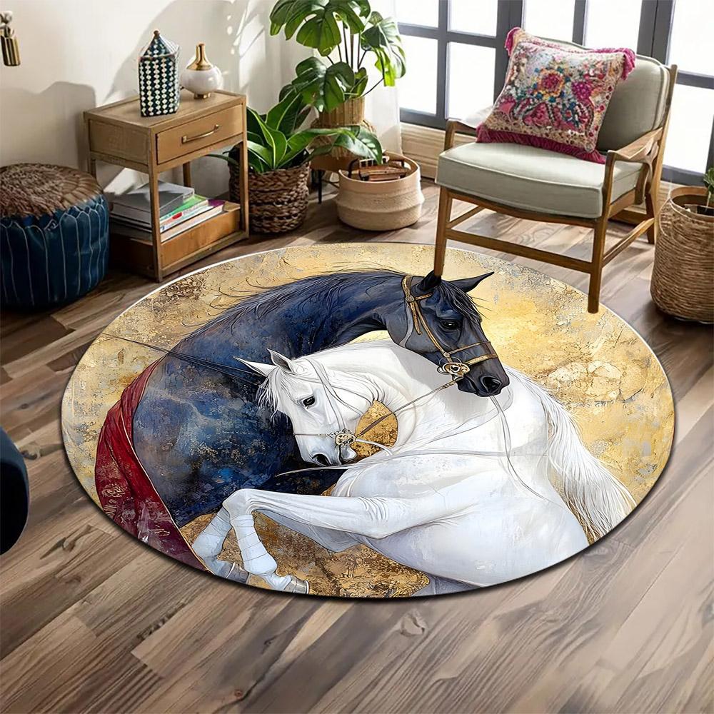 "Black and White Horses in Gold Art" Print round rug, living room, bedroom, playroom carpet, non slip floor mat, gift