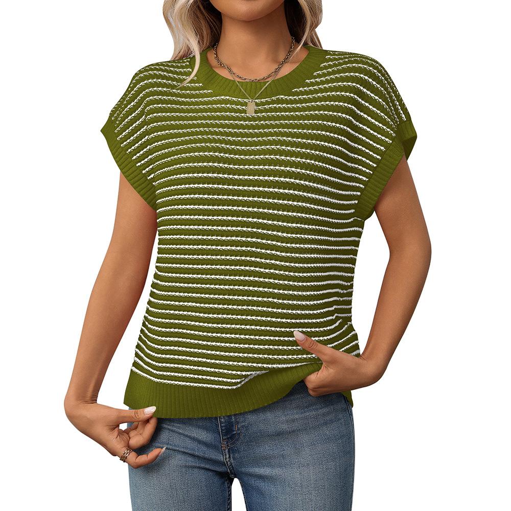 Summer and Autumn Round Neck Knitted Top Casual Striped Contrasting Women's Sweaters