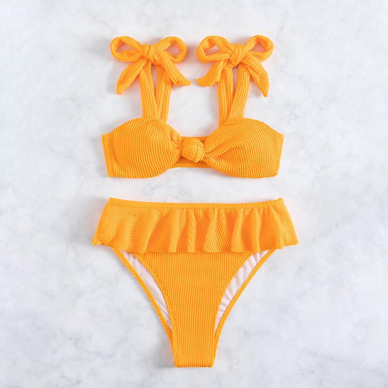 

Женский летний модный однотонный купальник, сексуальный складной купальник на шнуровке с воланами на талии и бантом, разделенный купальник, комплект бикини из двух предметов L жёлтый