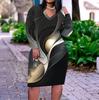 Women Plus Size V Neck Long Sleeve Black Printed Fitted Dress