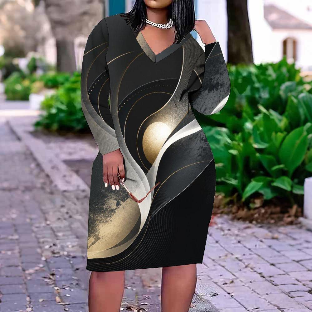 Women Plus Size V Neck Long Sleeve Black Printed Fitted Dress