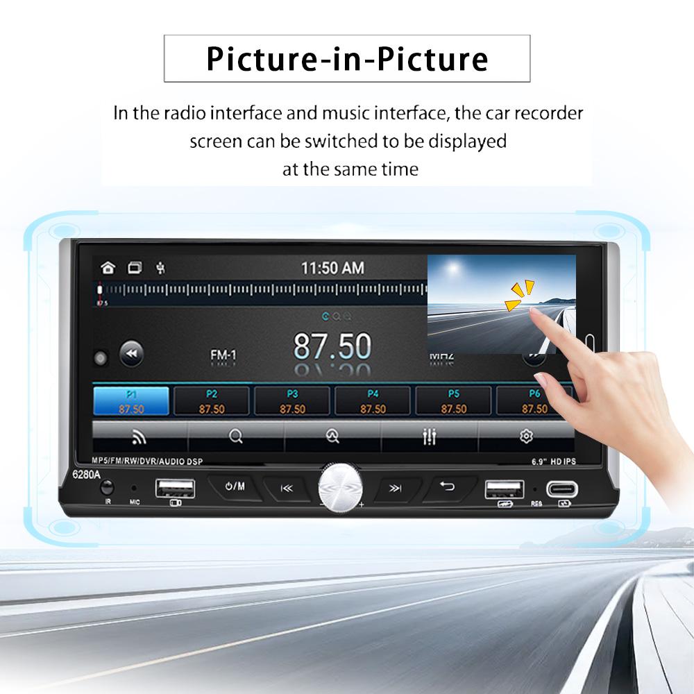 1 Din Car Stereo MP5 Player Car Radio 6.9 Inch Multimedia Player Carplay Android Auto Bluetooth Screen Mirroring USB