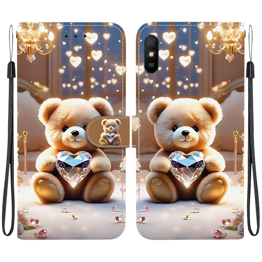 Ručně vyráběné PU kožené flipové pouzdro pro Redmi 9A Protiskluzový nárazuvzdorný kryt s poutkem na zápěstí a designy Srdce/Růže Kočka