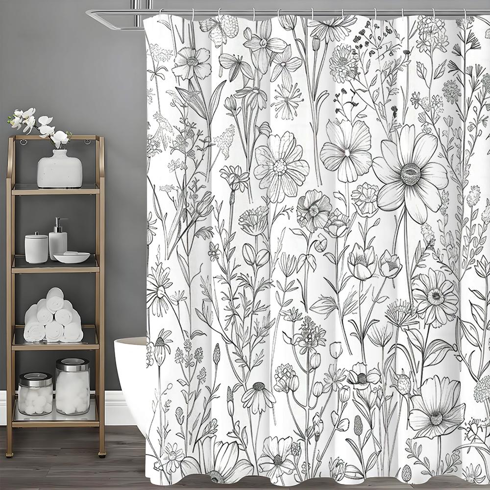 

Black and White Floral Shower Curtain, Bathroom Decorative Shower Curtain, Waterproof Shower Curtain with Hooks 90*180cm