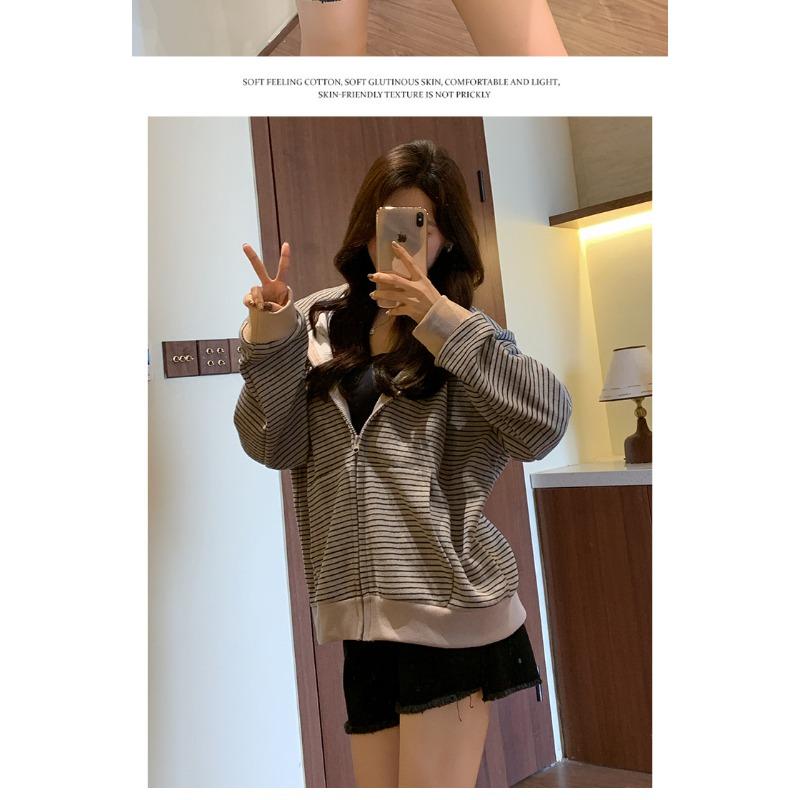 Women S Hooded Striped Zip Up Loose Fit Jacket