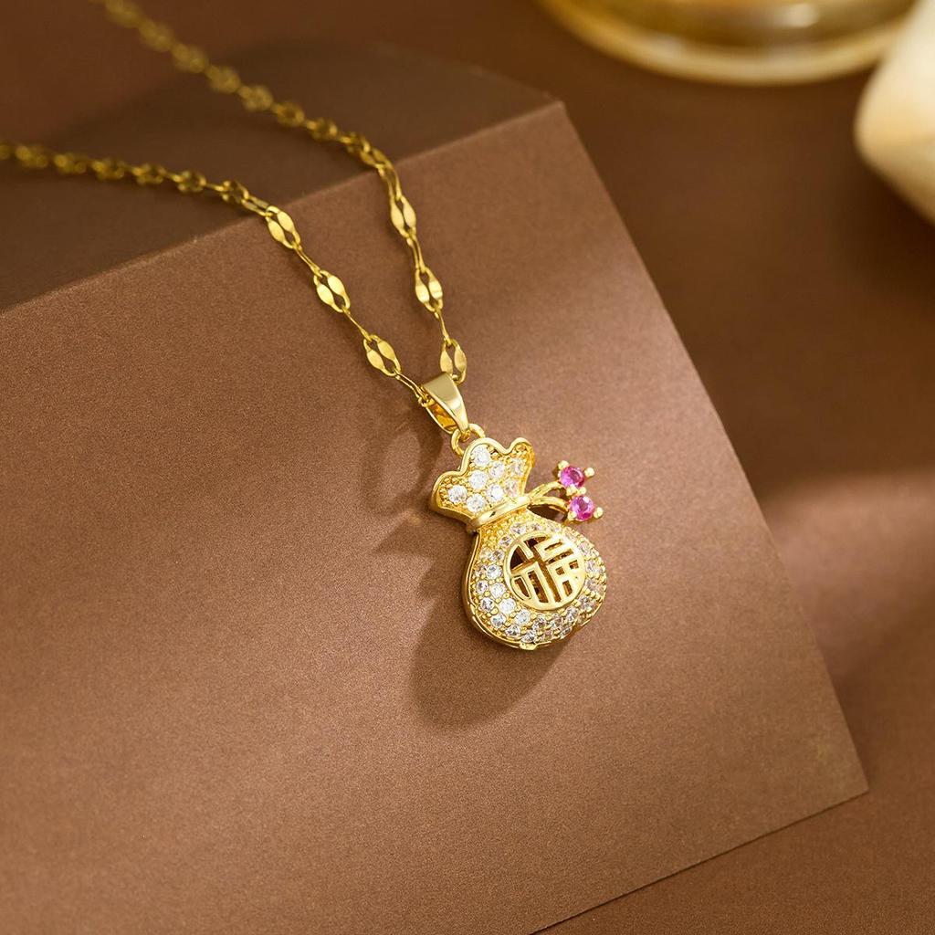 18 Karat Gold Glücksgeldbeutel Halskette für Damen - Luxuriöser Anhänger an einfacher Schlüsselbein-Kette